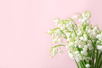 Fototapeta na wymiar Beautiful lily of the valley flowers on color background, space for text