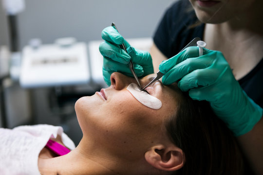 Spa: Aesthetician Applies Eyelash Extensions To Patient