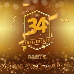 34 years anniversary logo template on gold background. 34th celebrating golden numbers with red ribbon vector and confetti isolated design elements