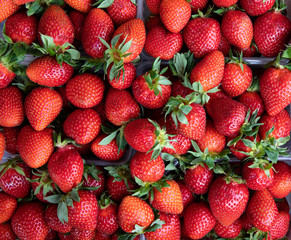 Strawberry background in the market of Greece in May.
