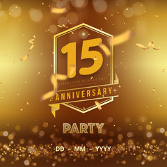 15 years anniversary logo template on gold background. 15th celebrating golden numbers with red ribbon vector and confetti isolated design elements