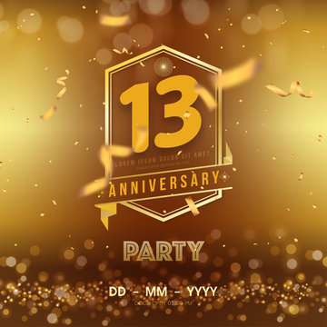 13 years anniversary logo template on gold background. 13th celebrating golden numbers with red ribbon vector and confetti isolated design elements
