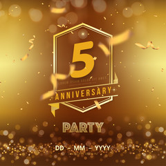 5 years anniversary logo template on gold background. 5th celebrating golden numbers with red ribbon vector and confetti isolated design elements