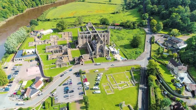 Aerial drone footage of the ruins Tintern Abbey, located on the Welsh boarders. 