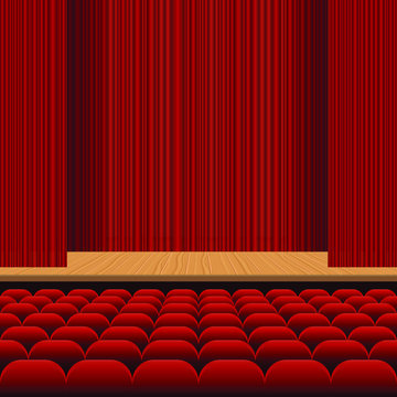 Theatre hall with rows of red seats, wooden stage and red velvet curtain vector illustration