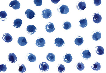 Watercolor background with blue polka dots. Abstract modern background, illustration. Template for textile, wallpaper, wrapping paper, etc.