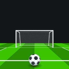 Soccer ball on the grass in front of goal vector illustration