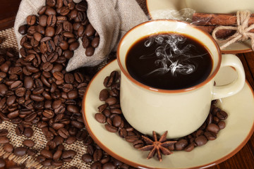 coffee in cups and roasted coffee grains