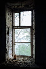 Fototapeta na wymiar Window sill of the destroyed building, Chernobyl, war texture