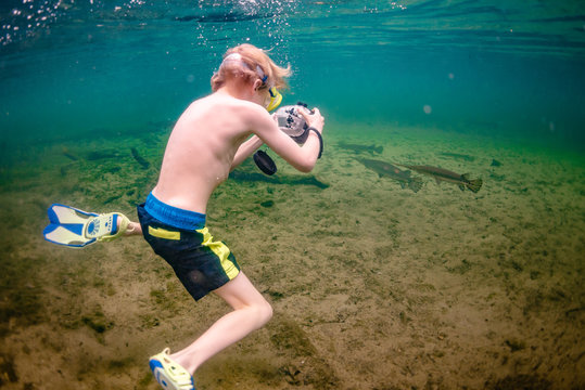 Boy diving underwater photographs longnose gar in shallow Florida spring