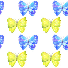 Seamless pattern with colorful yellow and blue butterflies. Hand drawn watercolor illustration. Texture for print, fabric, textile, wallpaper.