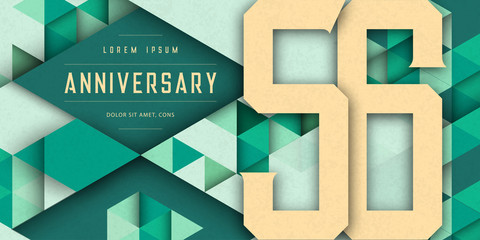 Anniversary emblems celebration logo, 56th birthday vector illustration, with texture background, modern geometric style and colorful polygonal design. 56 Anniversary template design, geometric design