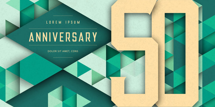 Anniversary emblems celebration logo, 50th birthday vector illustration, with texture background, modern geometric style and colorful polygonal design. 50 Anniversary template design, geometric design