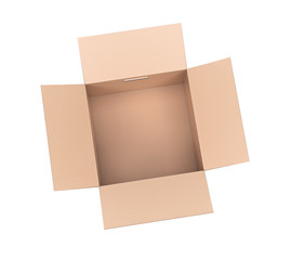 Open brown paper cardboard box. 3d rendering illustration isolated
