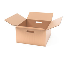 Open brown paper cardboard box with handle holes. 3d rendering illustration isolated