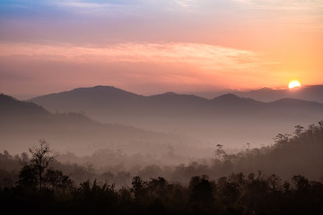 Landscape Scenery Sea Fog Sunrise Mountain and Colorful Sky in Khun Yuam , Mae Hong Son , Thailand.
