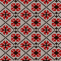 Knitted pattern, handmade Ukraine ethnic pattern for design. Red and black vector border illustration on white background. Ukrainian traditional national decor decoration.