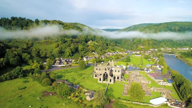 Aerial drone footage of the ruins Tintern Abbey, located on the Welsh boarders. 