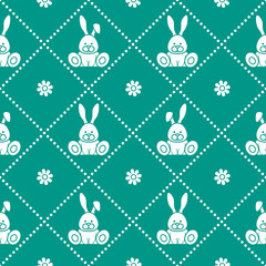Seamless pattern with rabbits and florets.