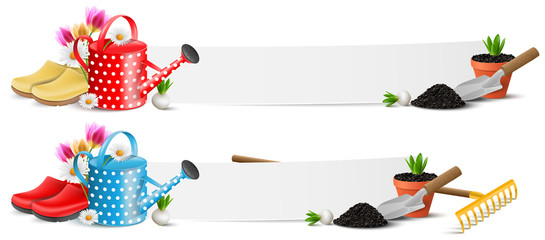 Garten Arbeit Banner Set mit Garten Werkzeug, Pflanzen und Gießkanne für die Terrasse Vektor