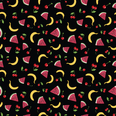 Vector seamless pattern with summer fruits on black background