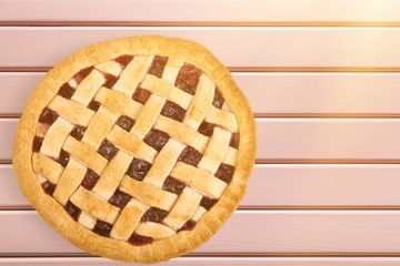 Delicious baked pie, top view on white background