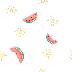 Summer seamless pattern with sun and watermelon on white background. Colorful vector illustration