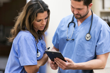 Clinic: Technicians Looking At Results On Digital Tablet