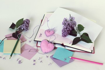 Open books, bookmarks hearts, paper, pencils, branches of lilac flowers on the table, read romantic books and write down your thoughts