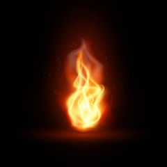 Realistic fire with sparks on a black background. Vector illustration