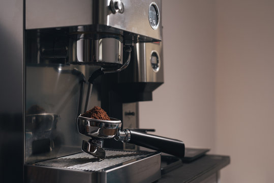 Grounded coffee in a portafilter