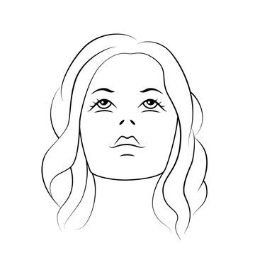 Woman face look up, black outline on white background