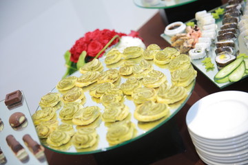 cake buffet and orange juice