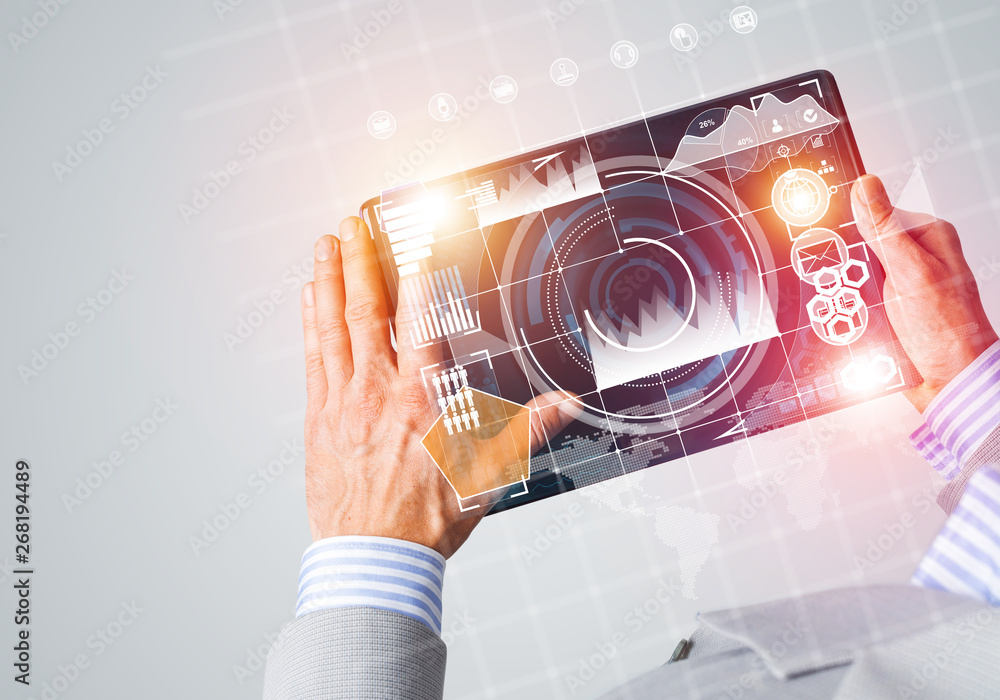 Poster interface of mobile application with charts and financial data