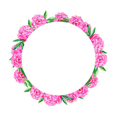 Bright pink peonies. Round floral frame. Watercolor hand drawn illustration.