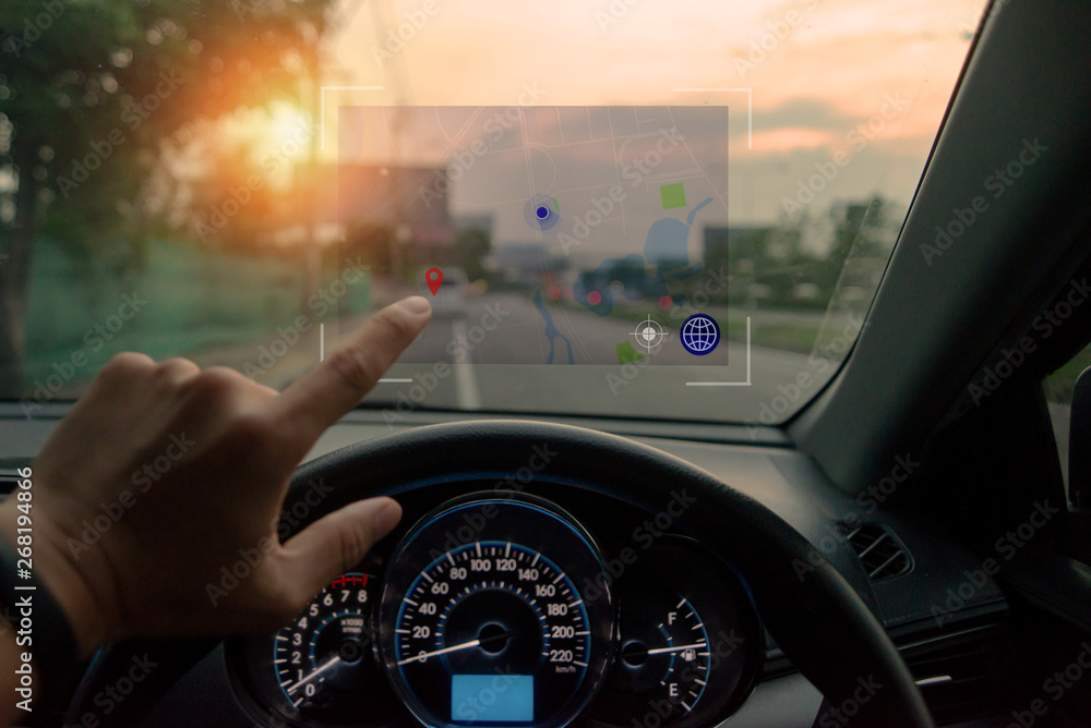 Poster technology in the near future,pushing on a touch screen interface navigation system in interior of m