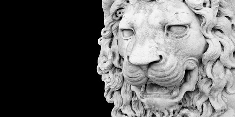 Obraz premium Sculpture of a medieval lion head of stone (Italy) - Image with copy space isolated on black background for easy selection