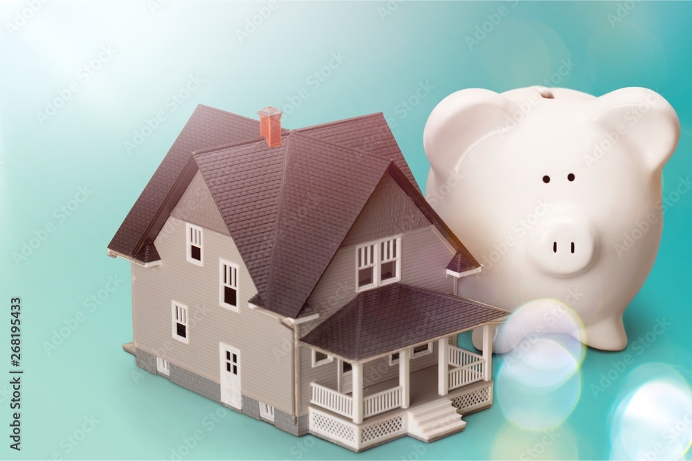 Poster Small House and Piggy bank on background