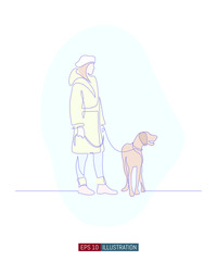 Continuous line drawing of girl walking a dog. Template for your design works. Vector illustration.