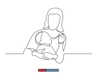 Continuous line drawing of mother feeds the child. Template for your design works. Vector illustration.
