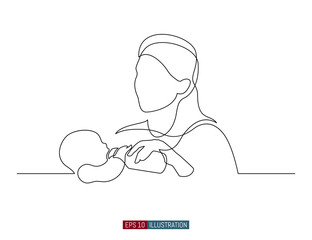 Continuous line drawing of mother feeds the child. Template for your design works. Vector illustration.
