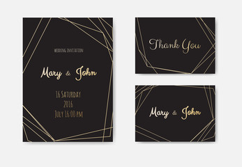 Wedding Invitation, invite card design with Geometrical art lines, gold foil border, frame.