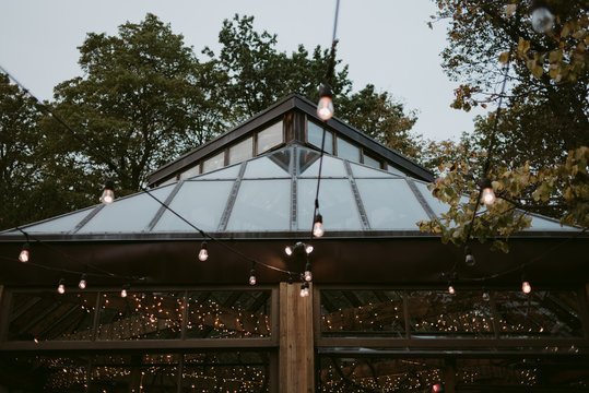 String lights decor and glass building