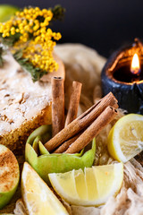 Biscuit apple pie with cinnamon, citron, oriental spices and sugar powder on dark background