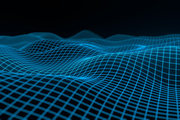 Abstract geometric background with digital landscape or waves . Montain wireframe hologram 3 D rendering