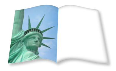 Statue of Liberty - New York City (USA) - 3D render concept image with copy space of an opened photo book with pixelation effect - I'm the copyright owner of the images used in this 3D render