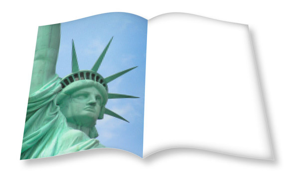 Statue of Liberty - New York City (USA) - 3D render concept image with copy space of an opened photo book with pixelation effect - I'm the copyright owner of the images used in this 3D render