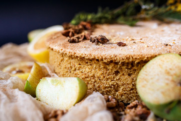 Biscuit apple pie with cinnamon, citron, oriental spices and sugar powder on dark background