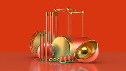 Effective composition with a group of objects, background and abstraction. 3d illustration, 3d rendering.