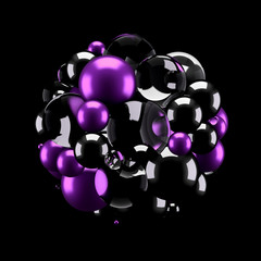 Black background with group of elements and metal. 3d illustration, 3d rendering.